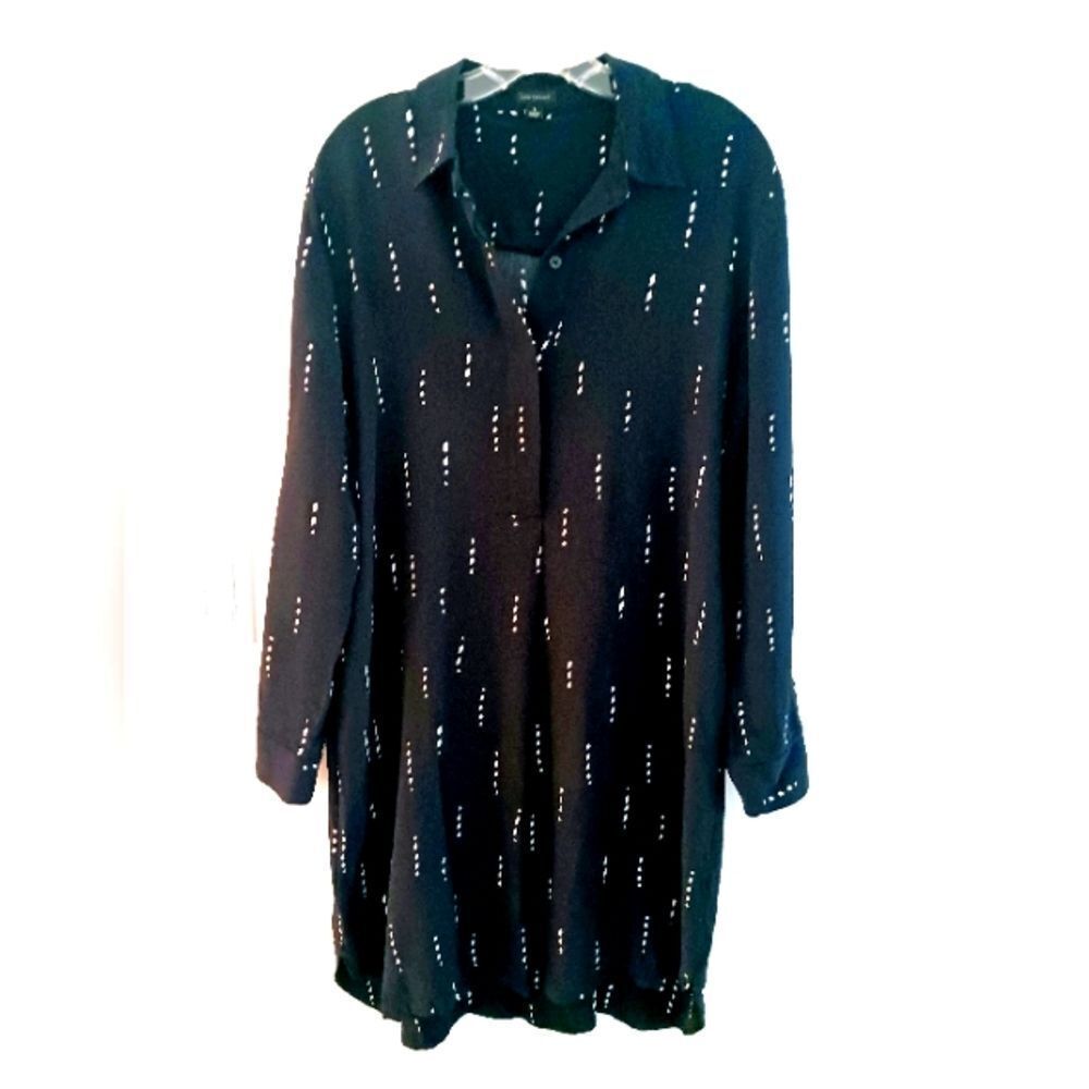 Ann Taylor Black/White Printed Long Sleeve Shirt Dress /Side Pockets Sz L
